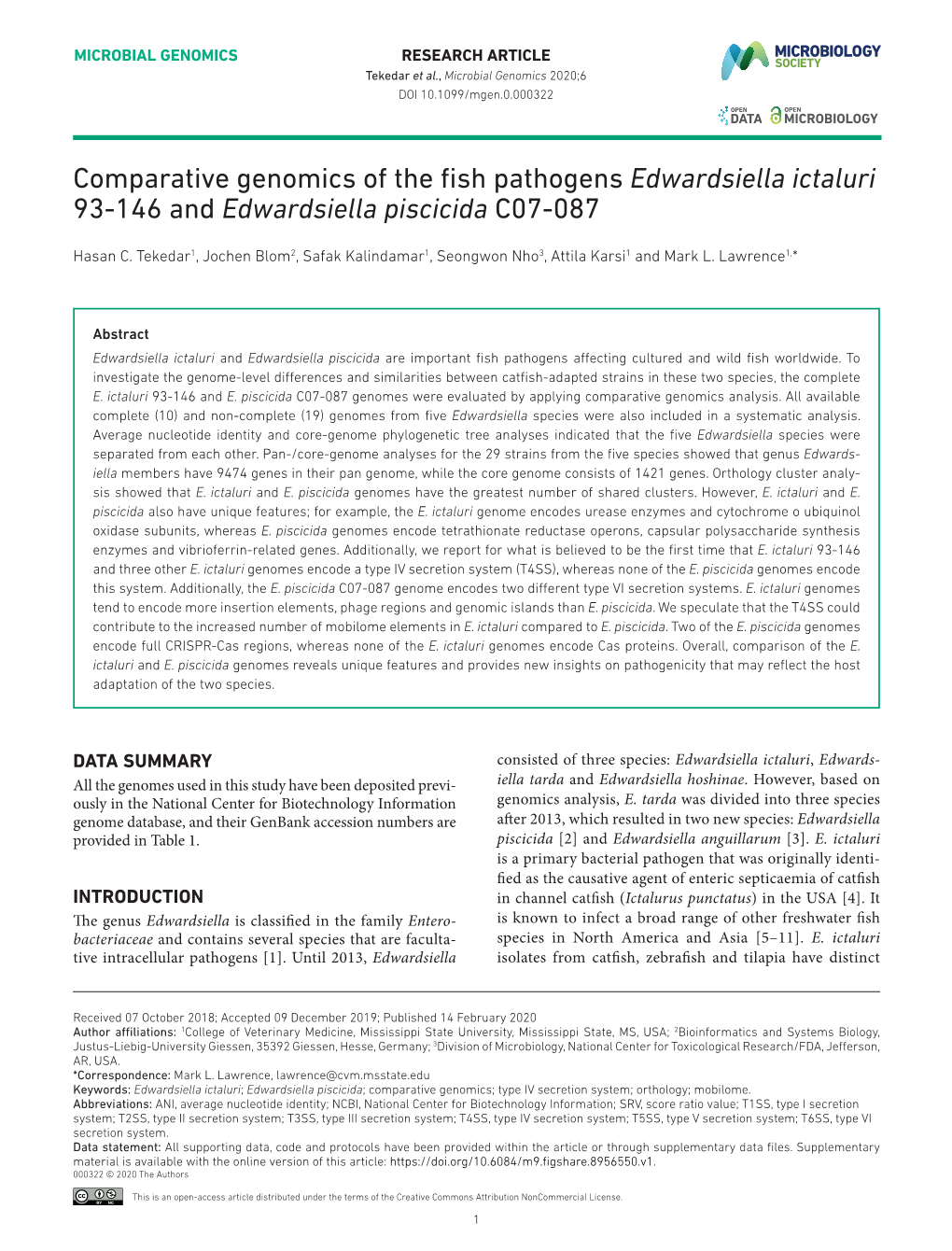 Comparative Genomics of the Fish Pathogens Edwardsiella Ictaluri 93-146 and Edwardsiella Piscicida C07-087