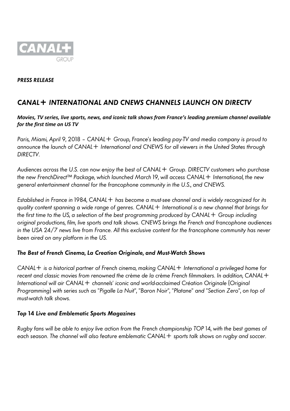 Press Release CANAL+GROUP C+ CNEWS DIRECT TV