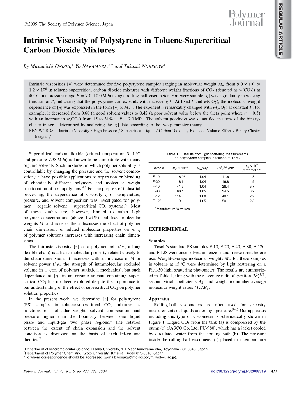 Intrinsic Viscosity of Polystyrene in Toluene-Supercritical Carbon Dioxide Mixtures