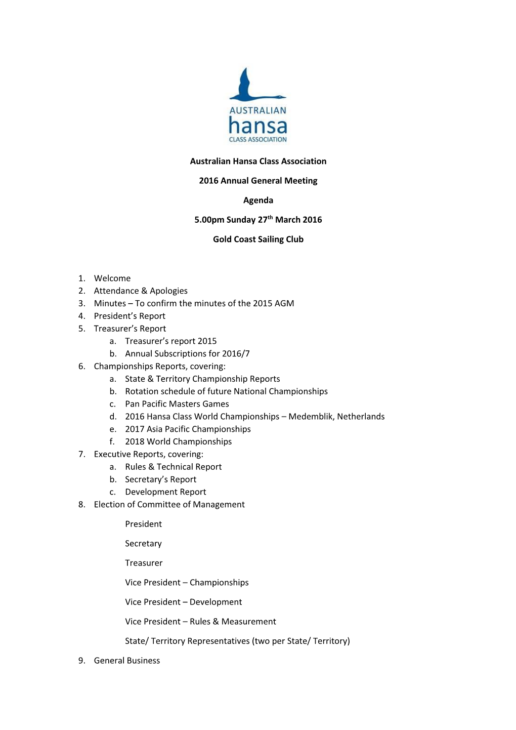 Australian Hansa Class Association 2016 Annual General Meeting