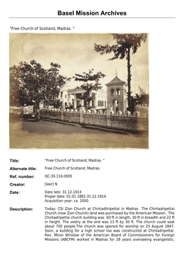 "Free Church of Scotland, Madras. "