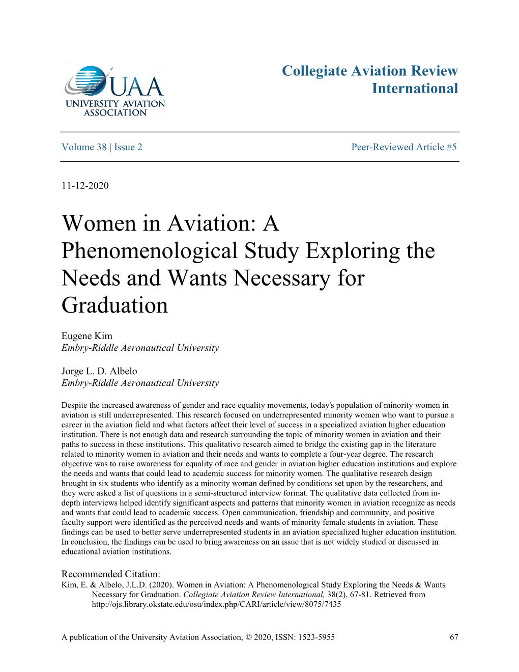 Women in Aviation: a Phenomenological Study Exploring the Needs and Wants Necessary For