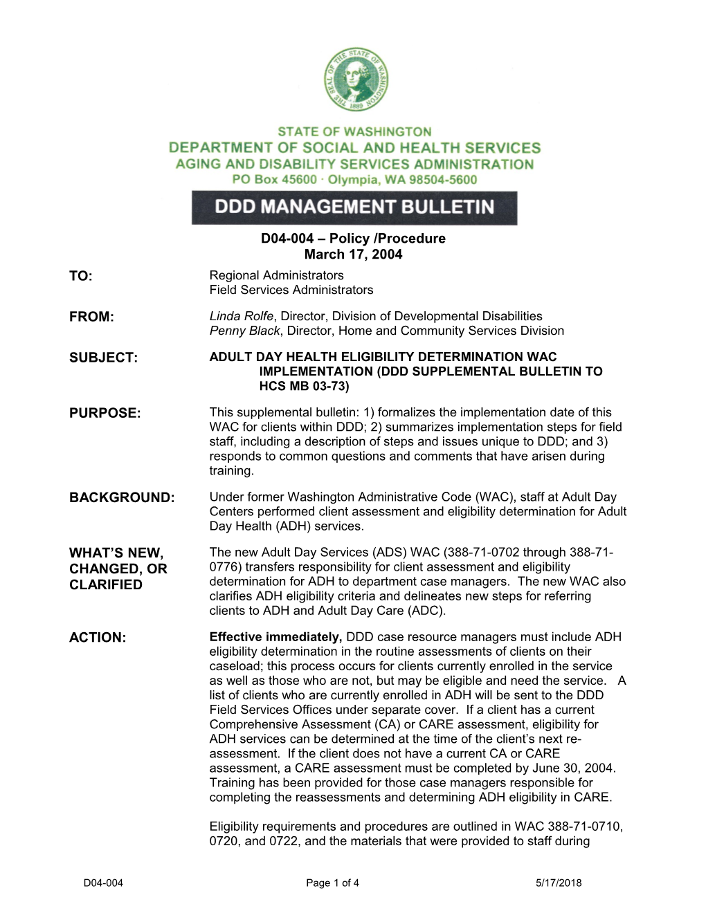 Adult Day Health Eligibility Determination Wac Implementation (Ddd Supplemental Bulletin