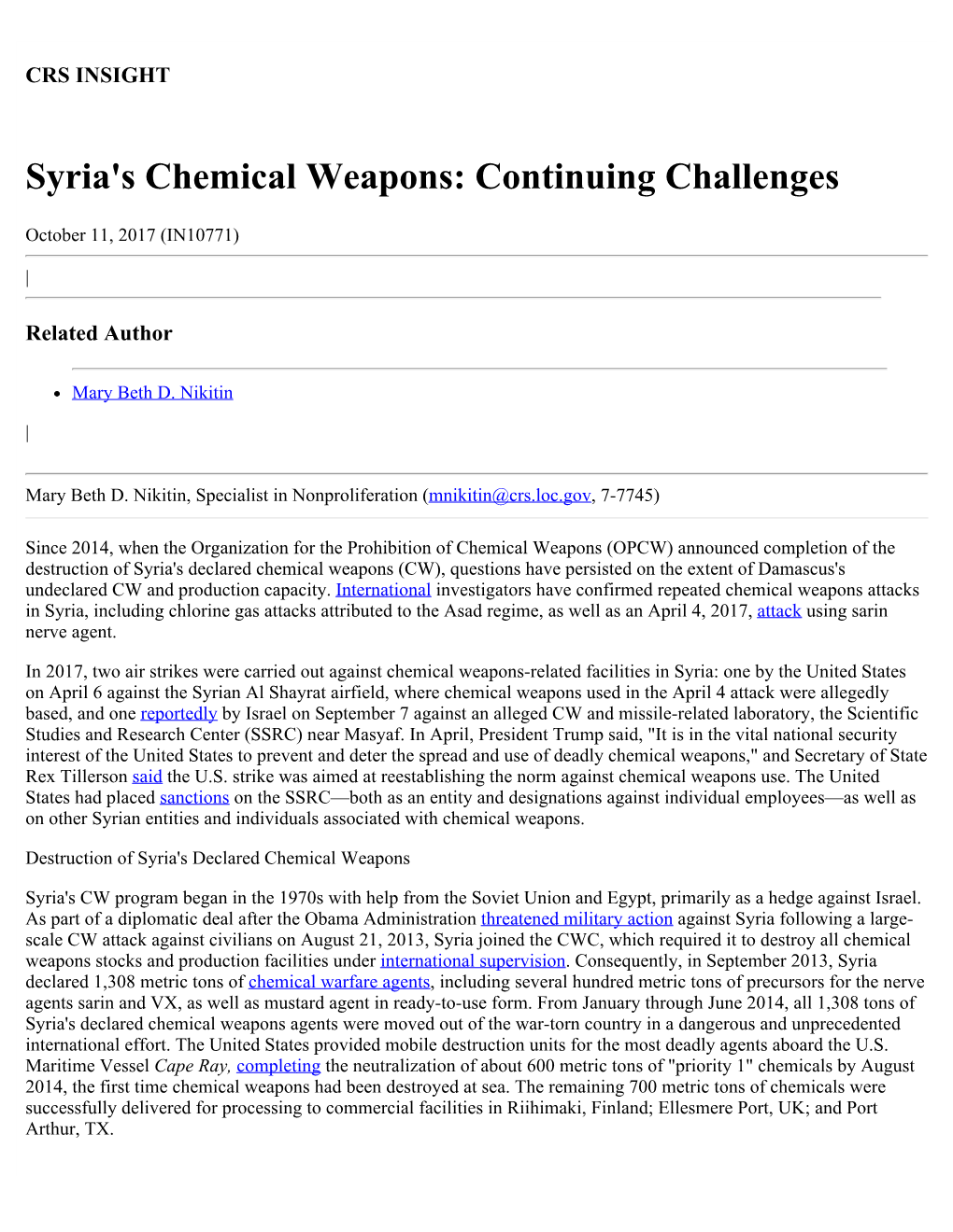 Syria's Chemical Weapons: Continuing Challenges