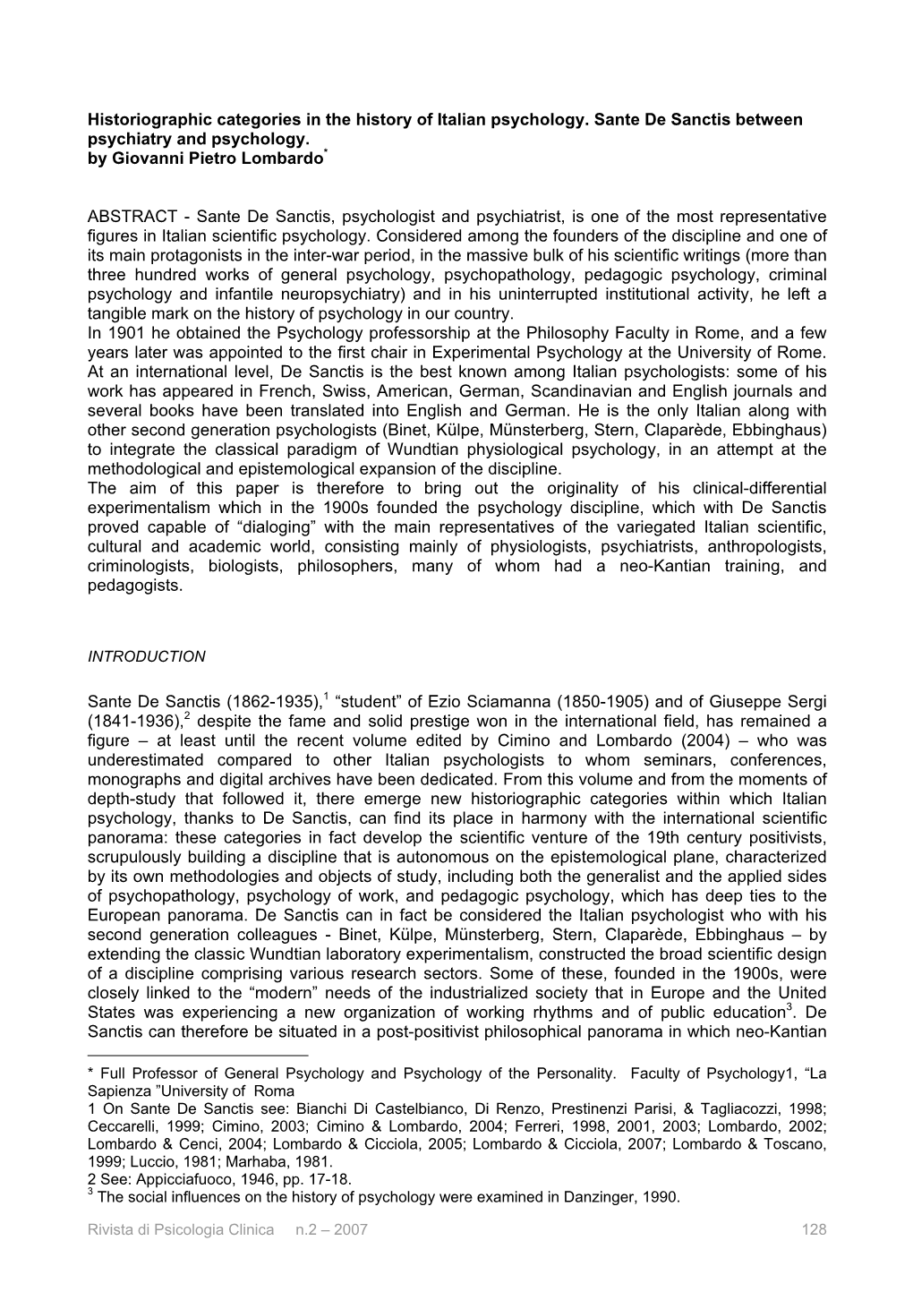 Historiographic Categories in the History of Italian Psychology. Sante De Sanctis Between Psychiatry and Psychology