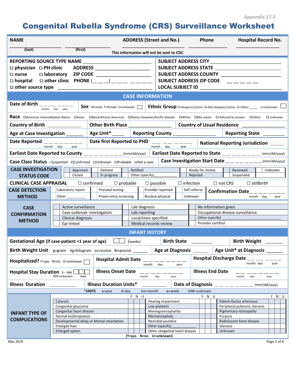 Congenital Rubella Syndrome (CRS) Surveillance Worksheet