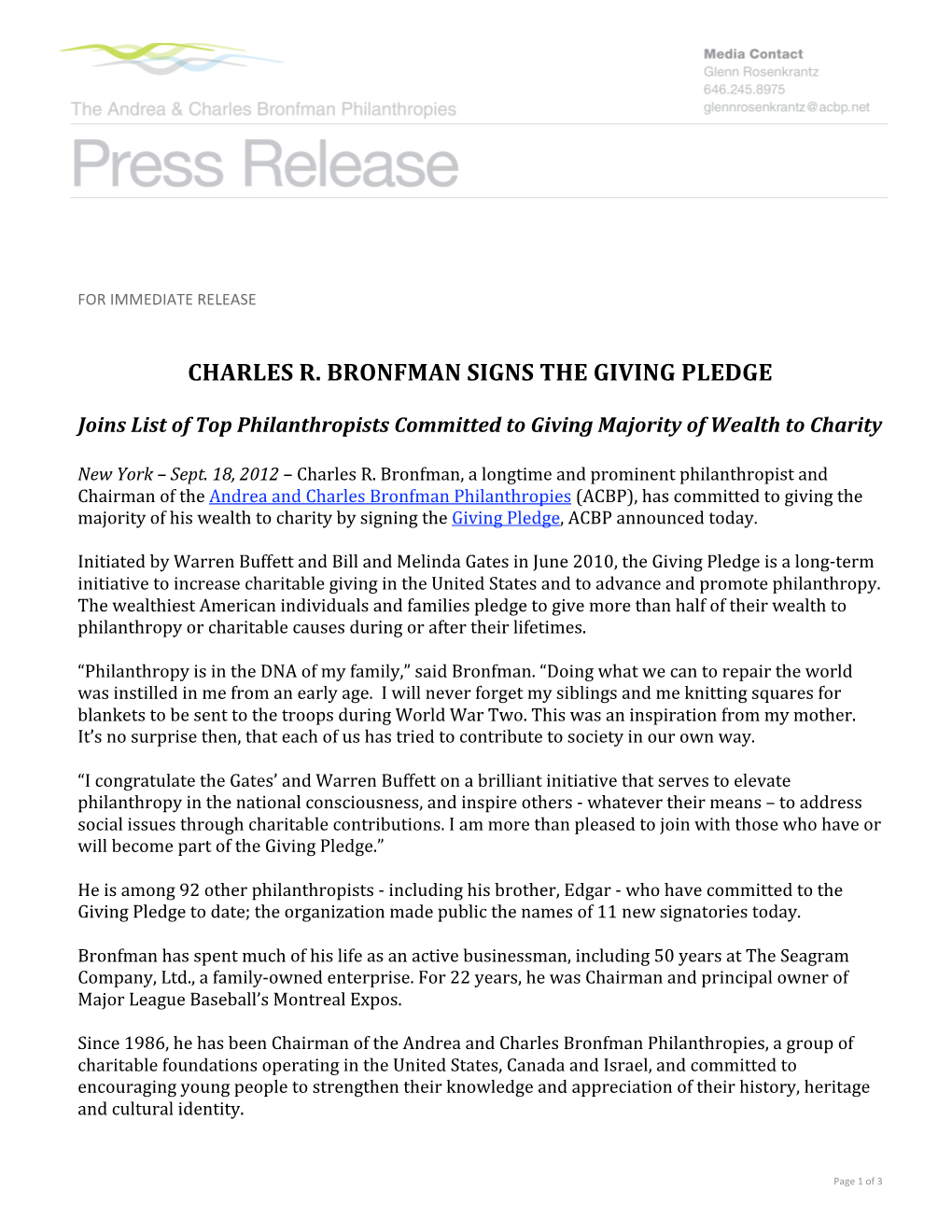 Giving Pledge Press Release