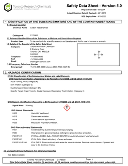 Safety Data Sheet - Version 5.0 Preparation Date 9/9/2014 Latest Revision Date (If Revised) 8/21/2019 SDS Expiry Date 8/19/2022
