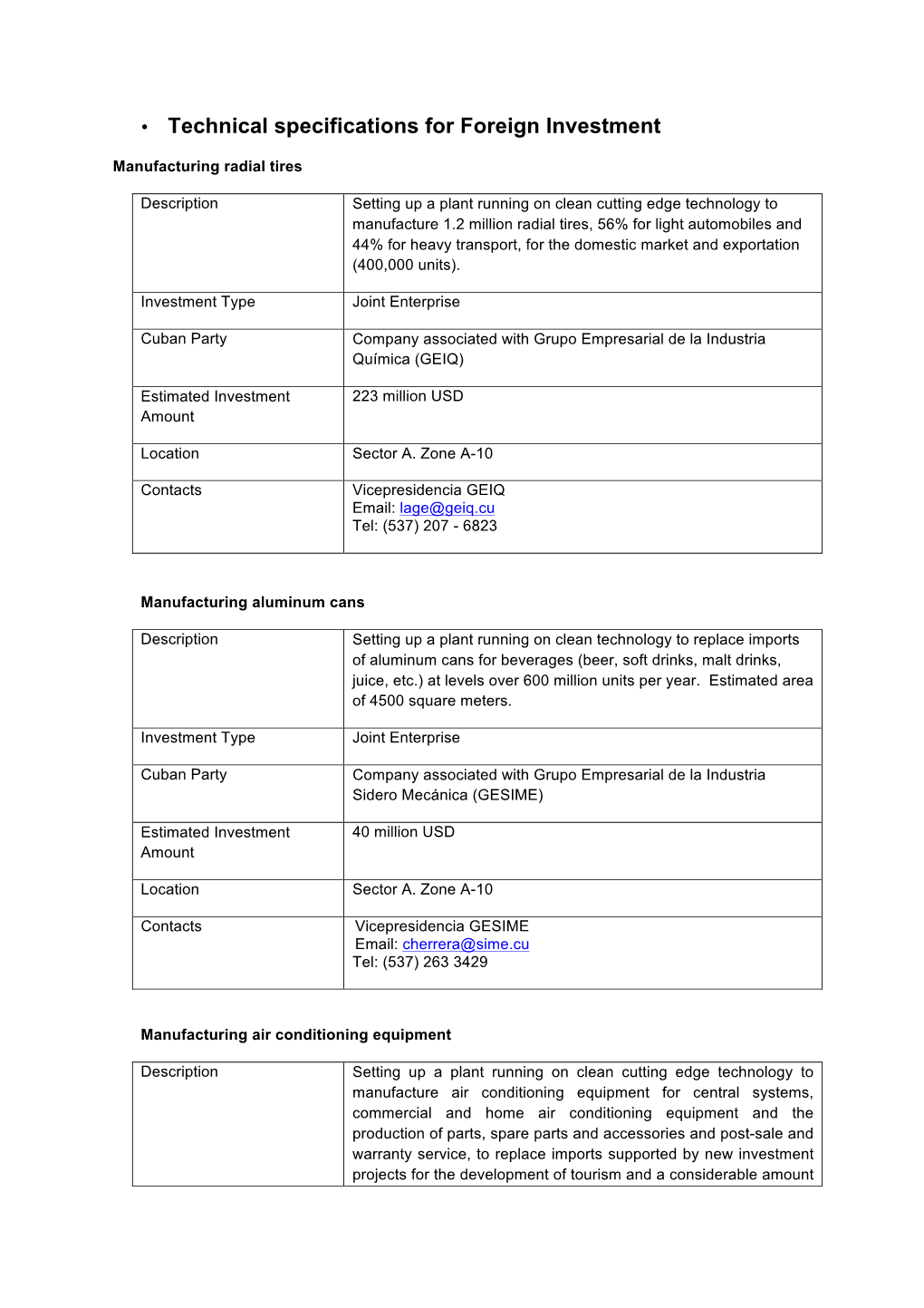 • Technical Specifications for Foreign Investment