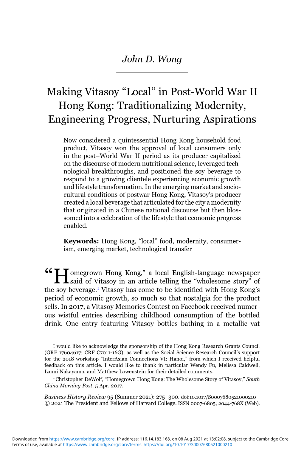 Making Vitasoy “Local” in Post-World War II Hong Kong: Traditionalizing Modernity, Engineering Progress, Nurturing Aspirations