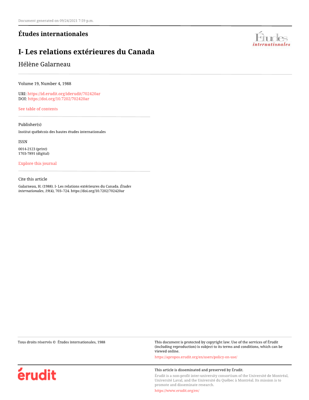 I- Les Relations Extérieures Du Canada Hélène Galarneau