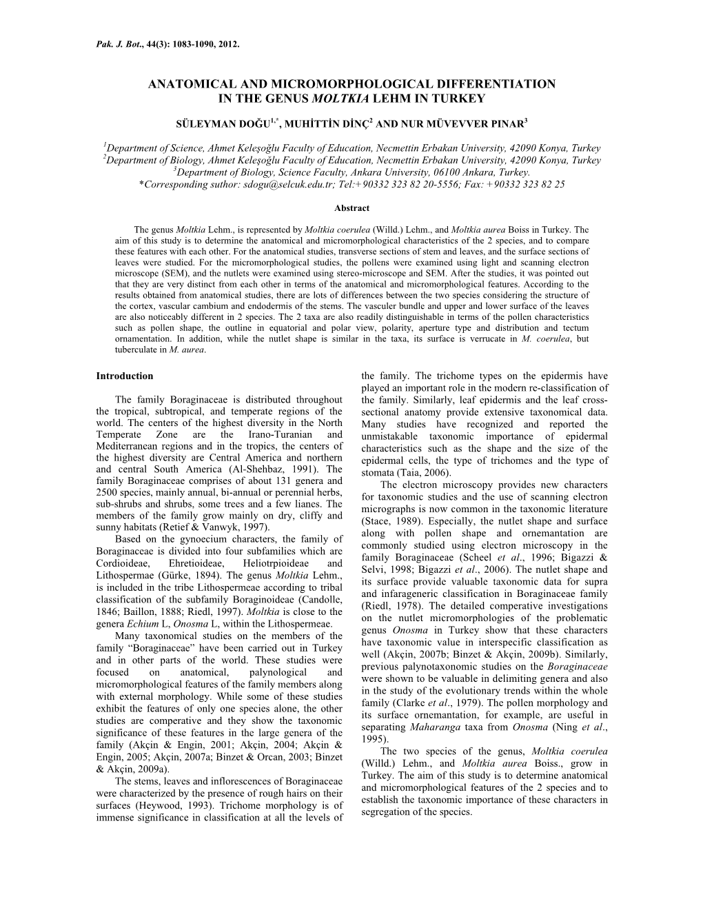 Anatomical and Micromorphological Differentiation in the Genus Moltkia Lehm in Turkey