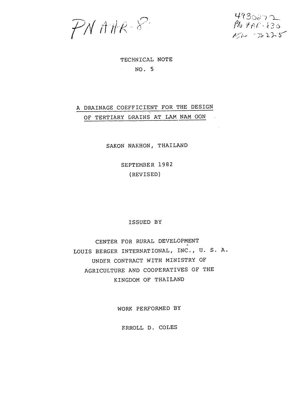 Technical Note No. 5 a Drainage Coefficient For