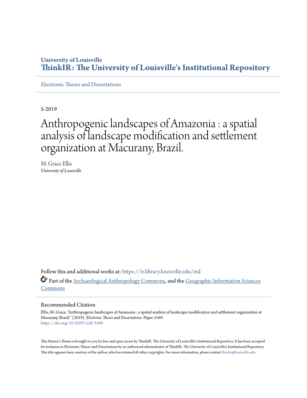 Anthropogenic Landscapes of Amazonia : a Spatial Analysis of Landscape Modification and Settlement Organization at Macurany, Brazil