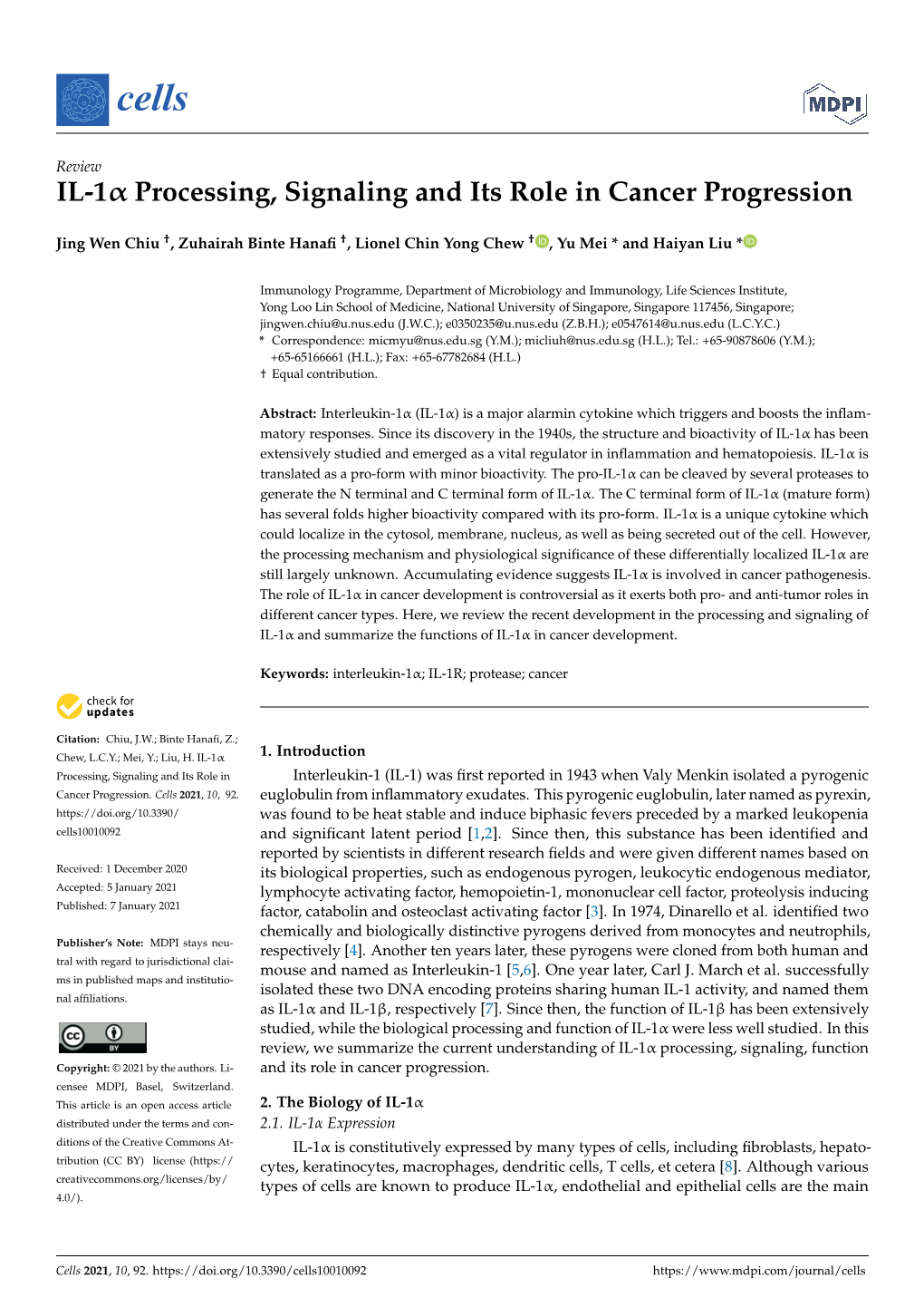 IL-1 Processing, Signaling and Its Role in Cancer Progression