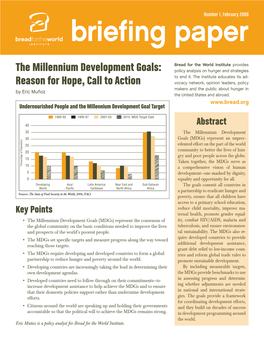 The Millennium Development Goals: Bread for the World Institute Reason for Hope, Call to Action