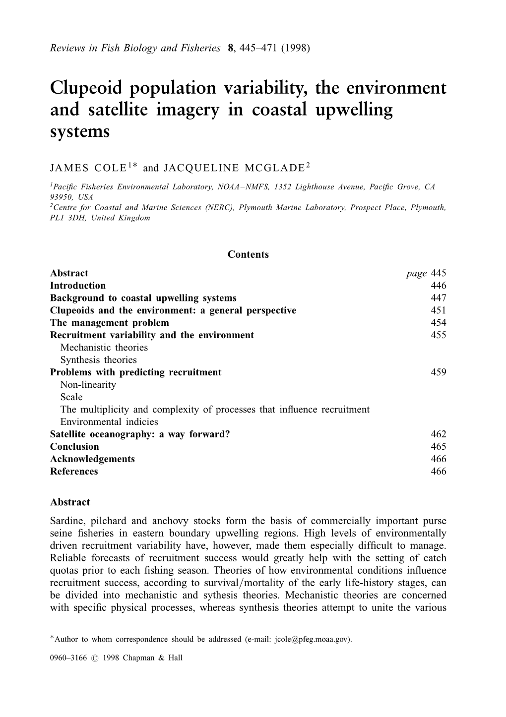 Clupeoid Population Variability, the Environment and Satellite Imagery in Coastal Upwelling Systems