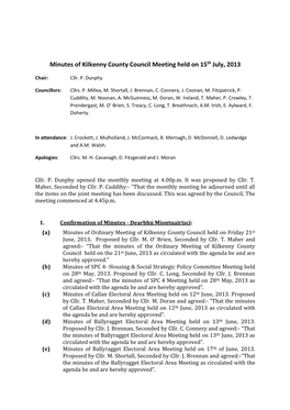 Minutes of Kilkenny County Council Meeting Held on 15Th July, 2013