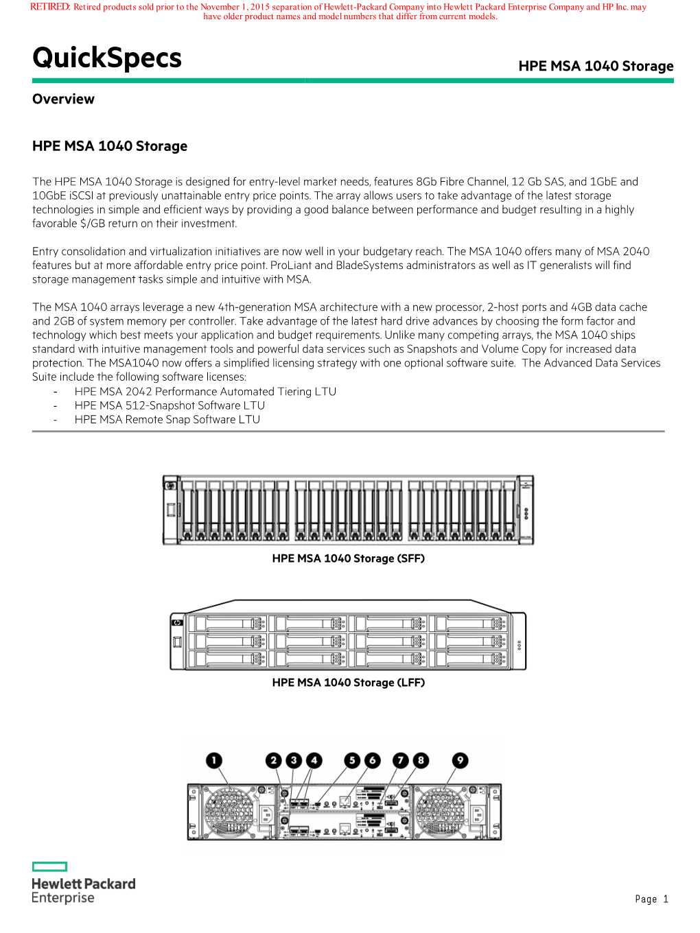 Quickspecs HPE MSA 1040 Storage Overview