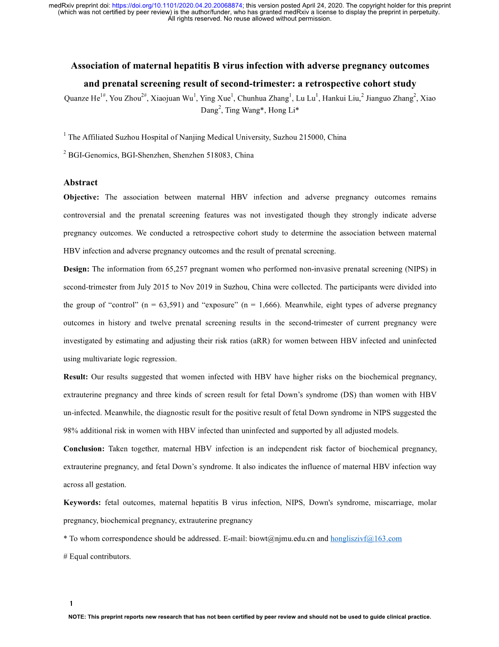 Association of Maternal Hepatitis B Virus Infection with Adverse Pregnancy Outcomes and Prenatal Screening Result of Second-Trim