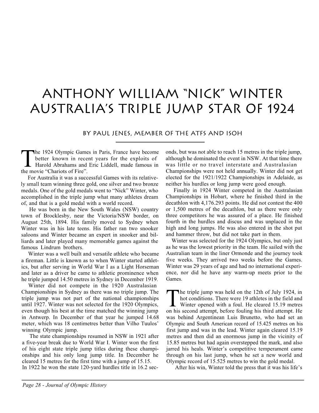 Anthony William Nick Winter, Australias Triple Jump Star of 1924