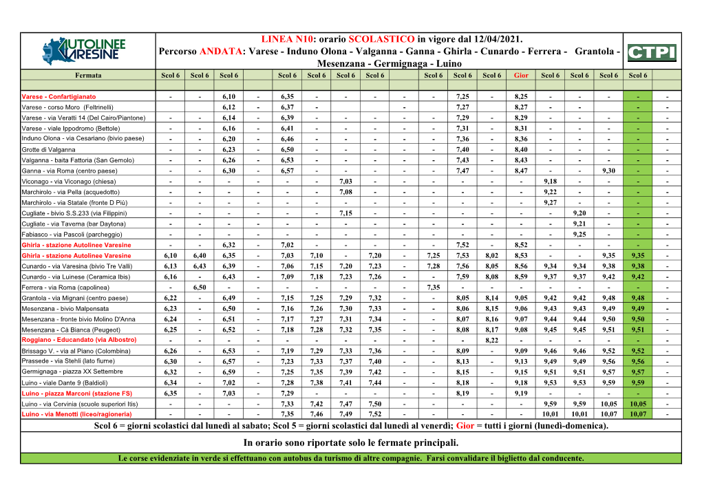 LINEA N10: Orario SCOLASTICO in Vigore Dal 12/04/2021