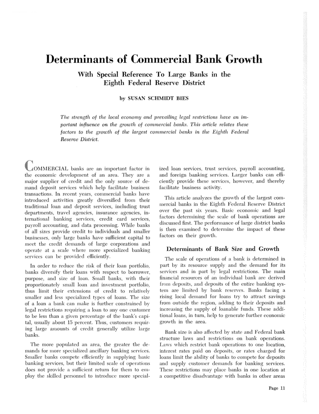 Determinants of Commercial Bank Growth with Special Reference to Large Banks in the Eighth Federal Reserve District