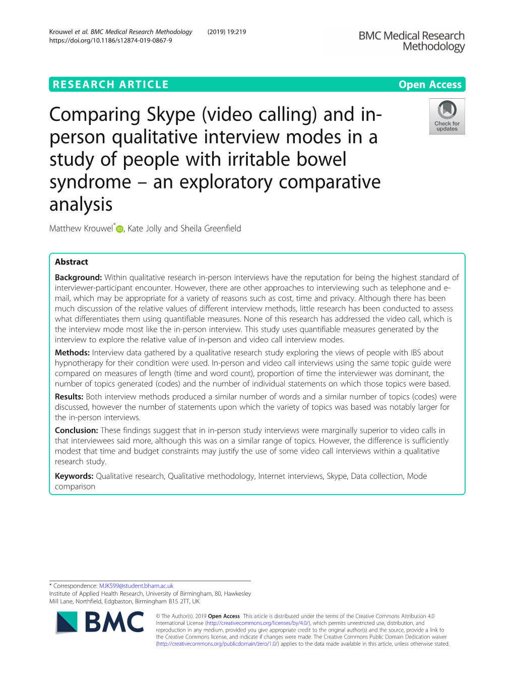 Comparing Skype (Video Calling) and In-Person Qualitative Interview