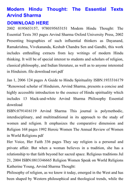 Modern Hindu Thought: the Essential Texts Arvind Sharma