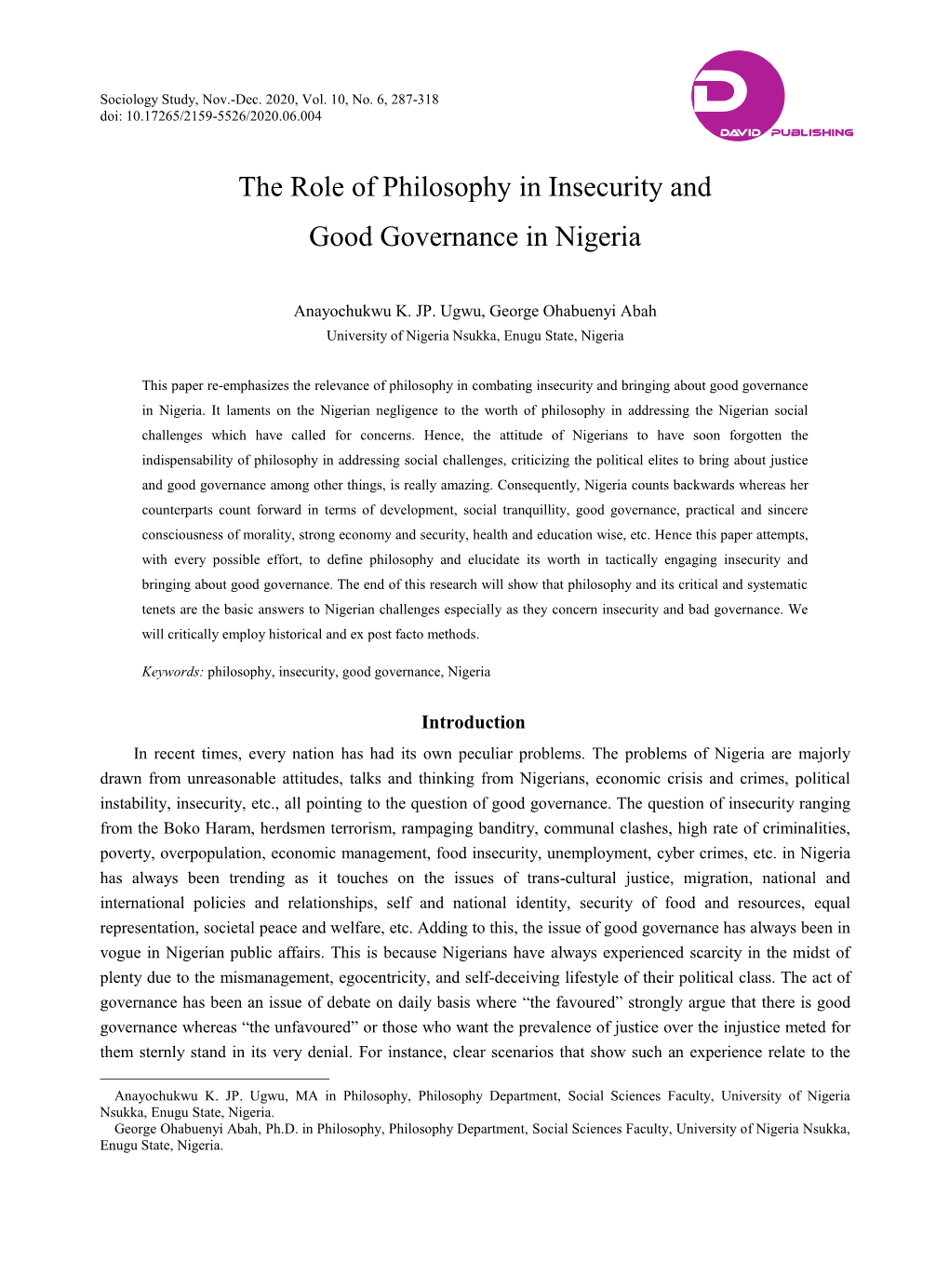 The Role of Philosophy in Insecurity and Good Governance in Nigeria