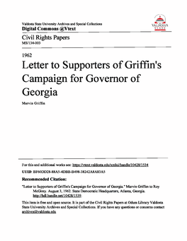 Letter to Supporters of Griffin's Campaign for Governor of Georgia