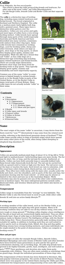 Collie from Wikipedia, the Free Encyclopedia This Article Is About the Collie Group of Dog Breeds and Landraces