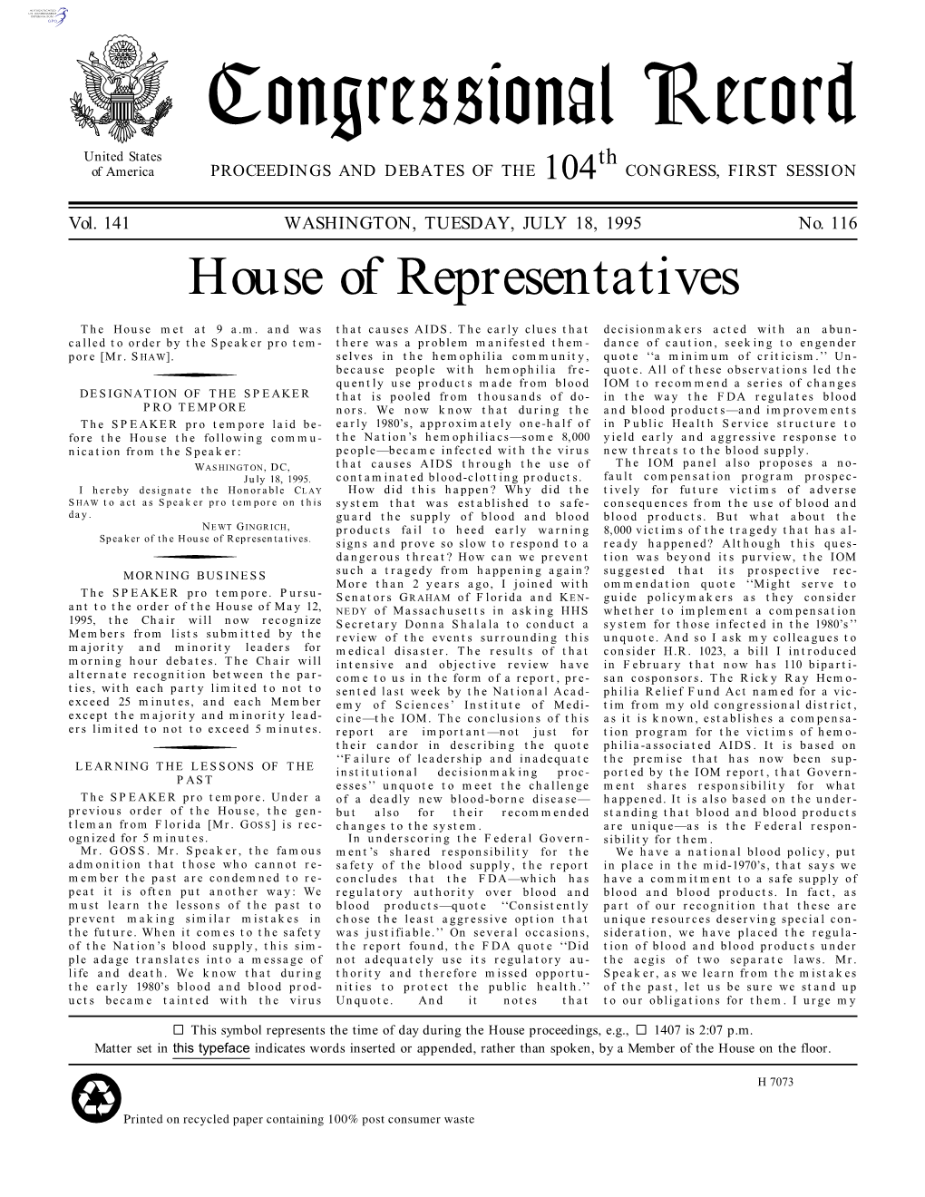 Congressional Record United States Th of America PROCEEDINGS and DEBATES of the 104 CONGRESS, FIRST SESSION