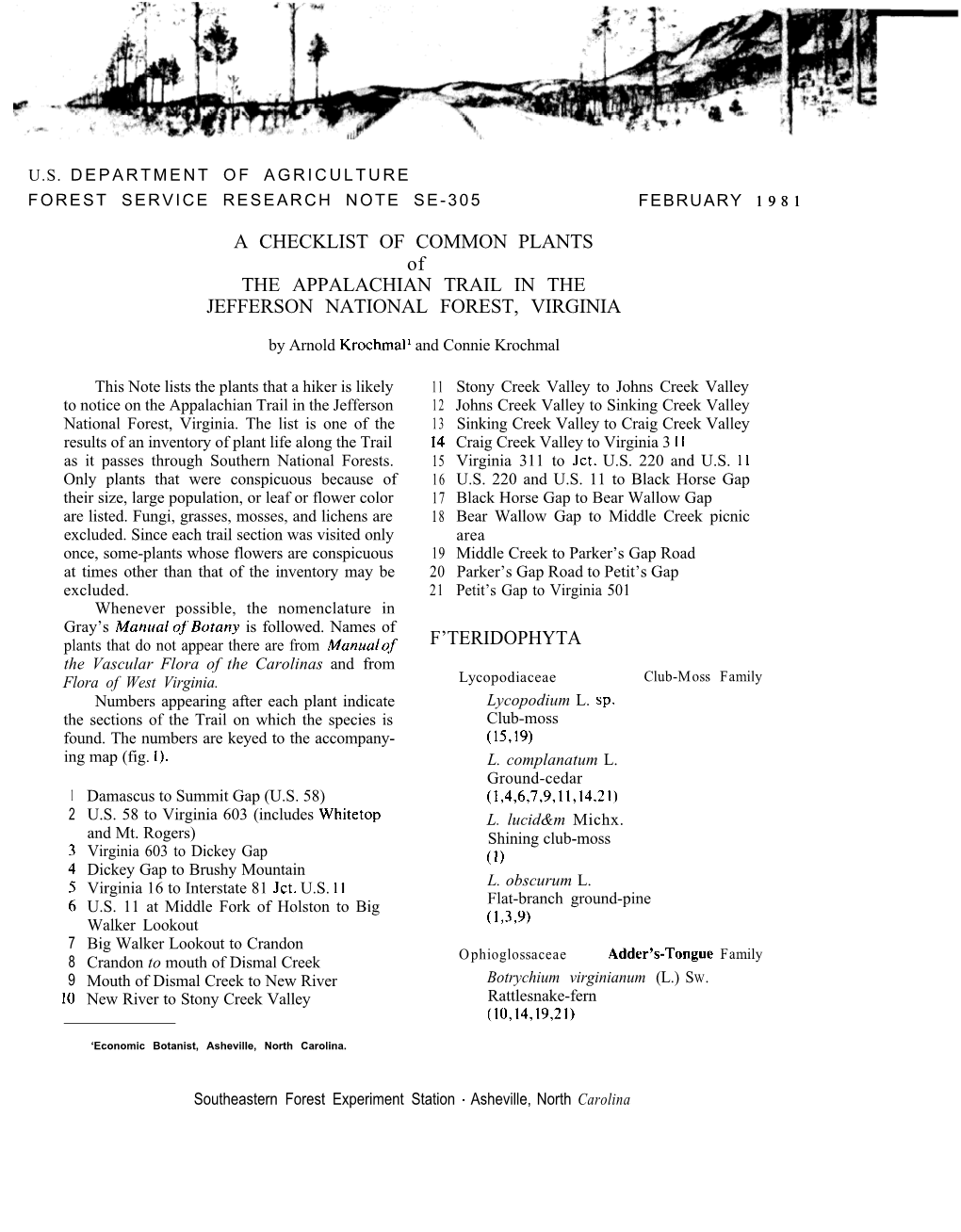 A CHECKLIST of COMMON PLANTS of the APPALACHIAN TRAIL in the JEFFERSON NATIONAL FOREST, VIRGINIA