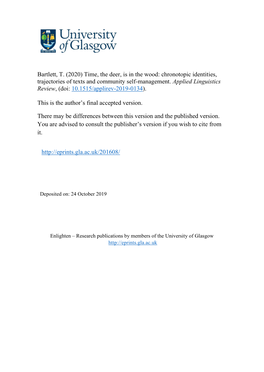 Bartlett, T. (2020) Time, the Deer, Is in the Wood: Chronotopic Identities, Trajectories of Texts and Community Self-Management