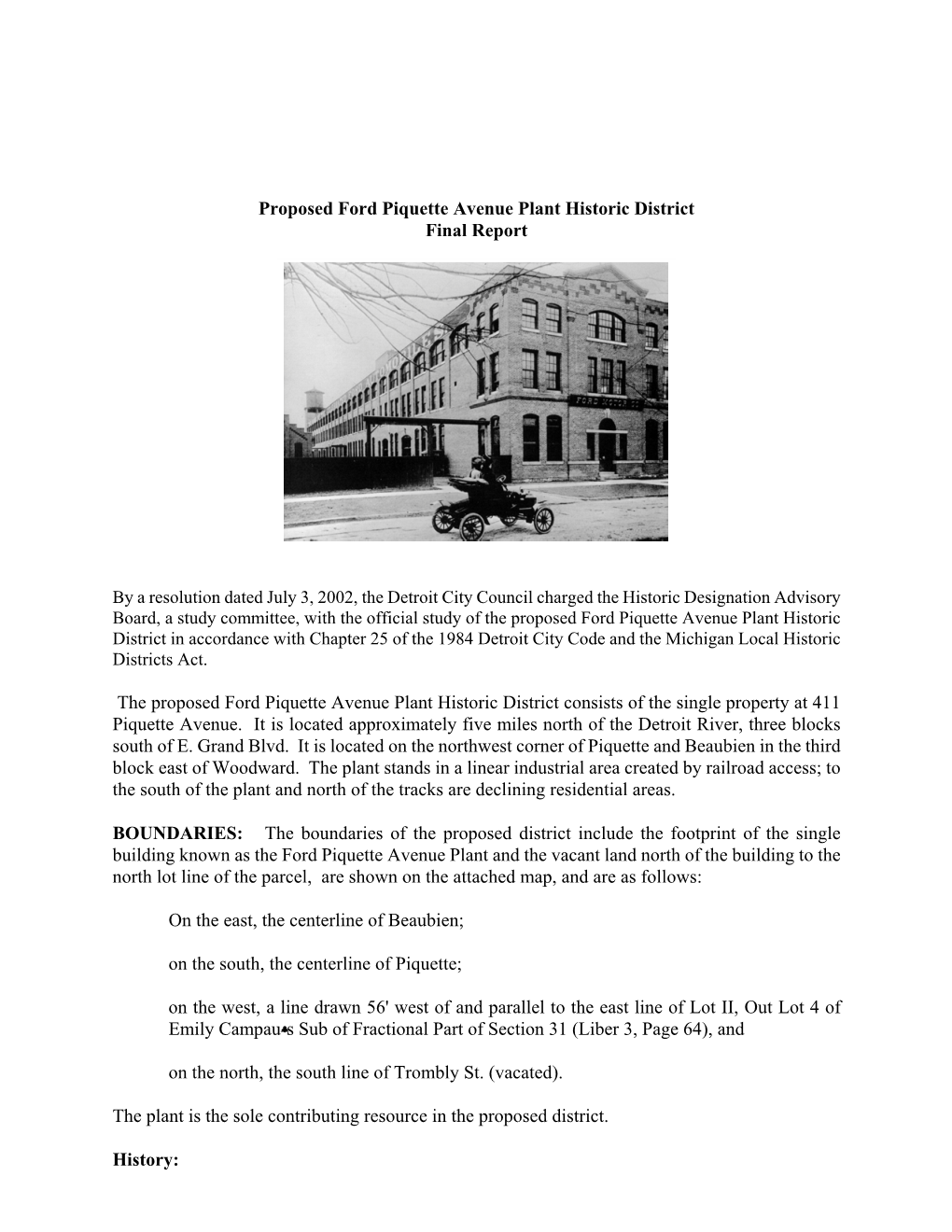 Proposed Ford Piquette Avenue Plant Historic District Final Report The