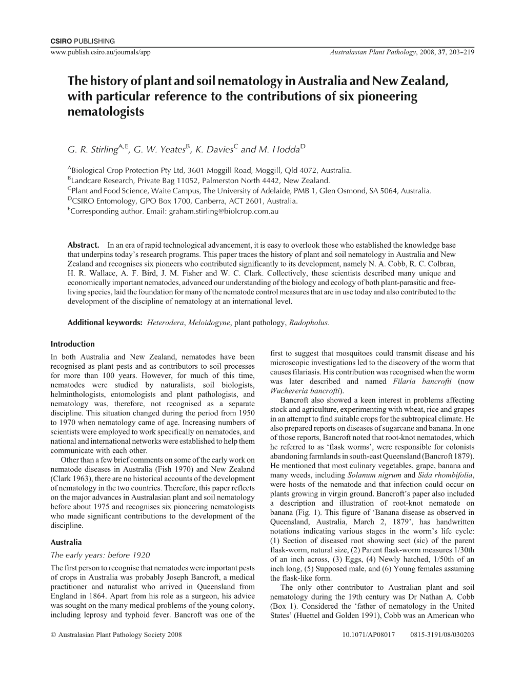 The History of Plant and Soil Nematology in Australia and New Zealand, with Particular Reference to the Contributions of Six Pioneering Nematologists