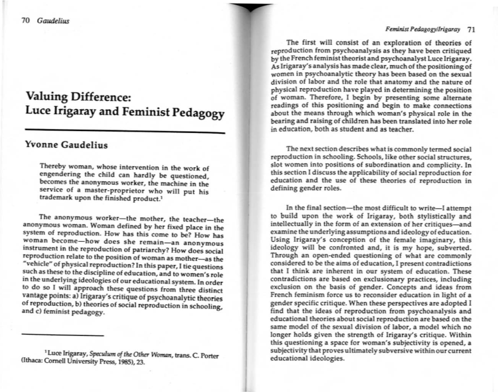 Luce Irigaray and Feminist Pedagogy