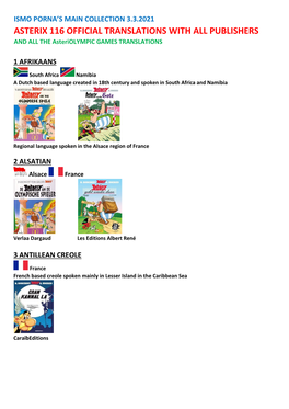 ASTERIX 116 OFFICIAL TRANSLATIONS with ALL PUBLISHERS and ALL the Asteriolympic GAMES TRANSLATIONS