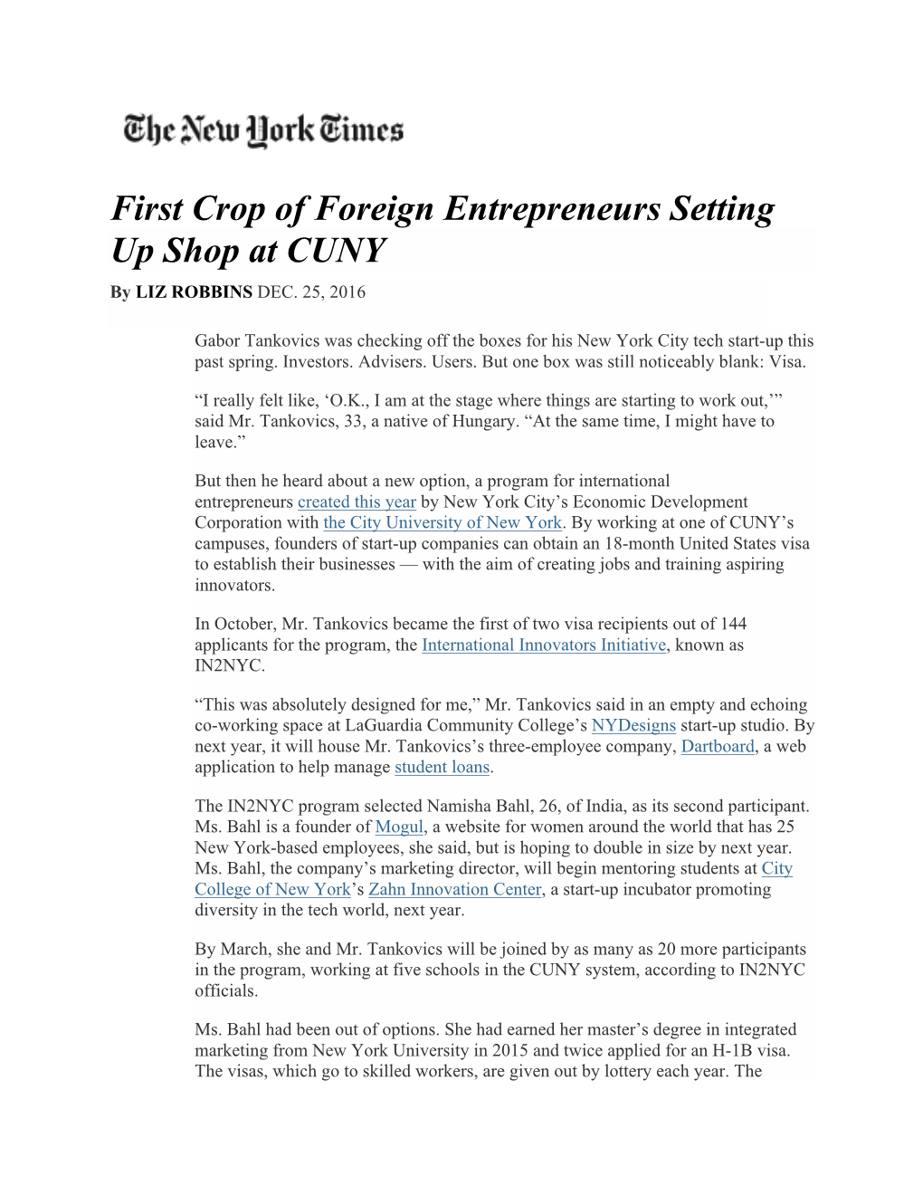 First Crop of Foreign Entrepreneurs Setting up Shop at CUNY by LIZ ROBBINS DEC