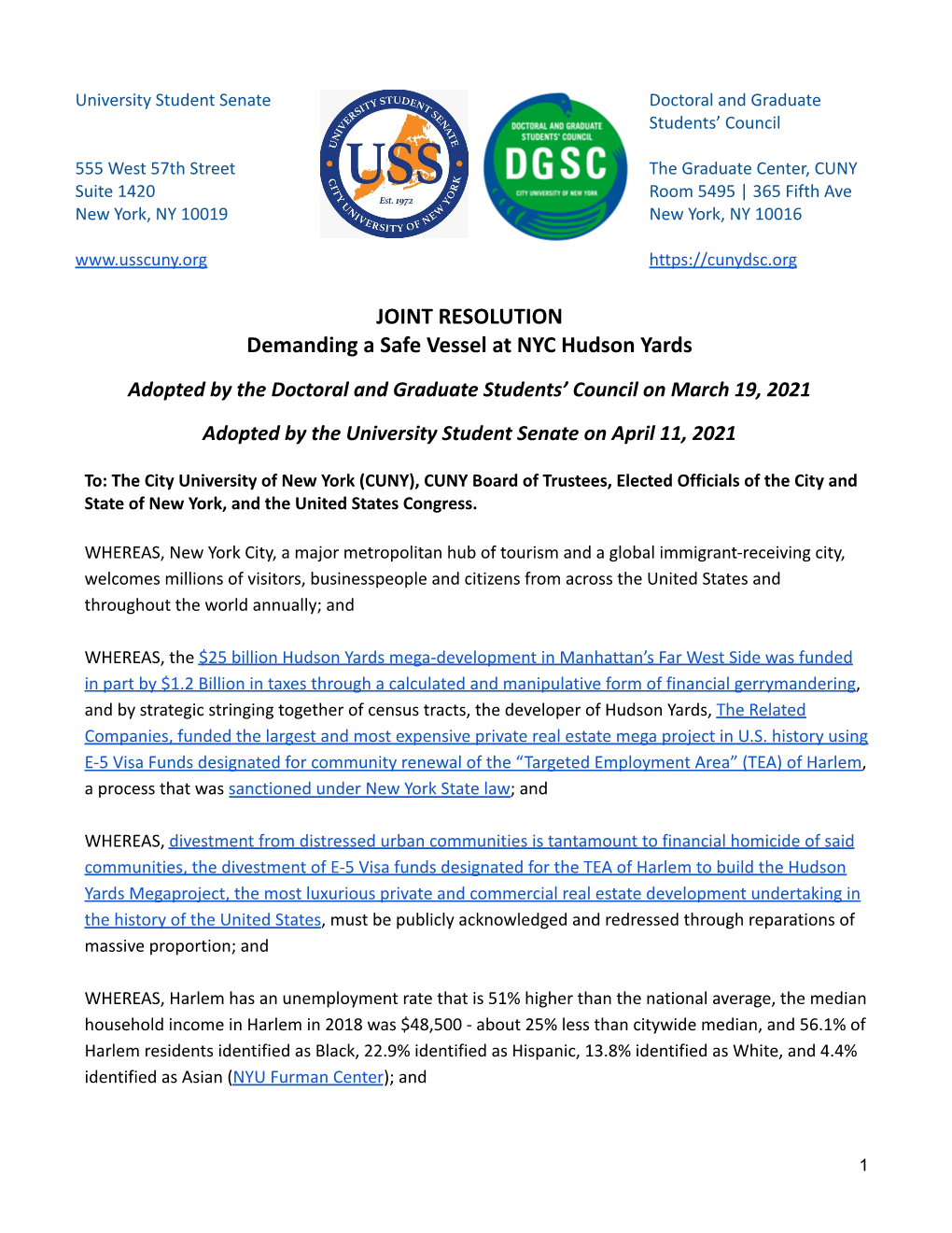 USS/DGSC Joint Resolution Demanding a Safe "Vessel"