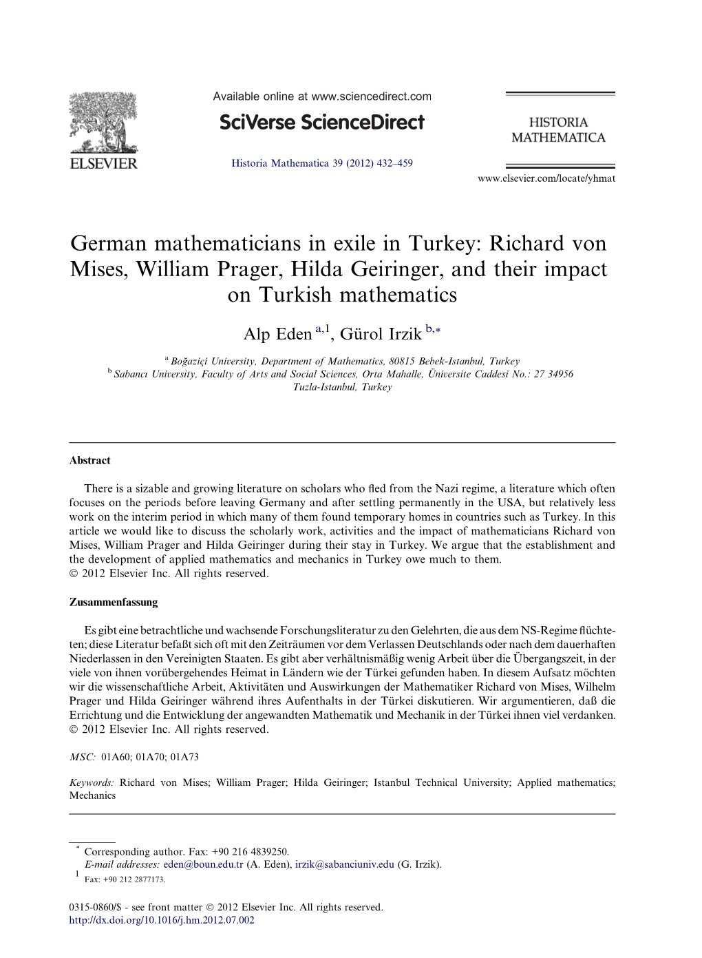 German Mathematicians in Exile in Turkey: Richard Von Mises, William Prager, Hilda Geiringer, and Their Impact on Turkish Mathematics