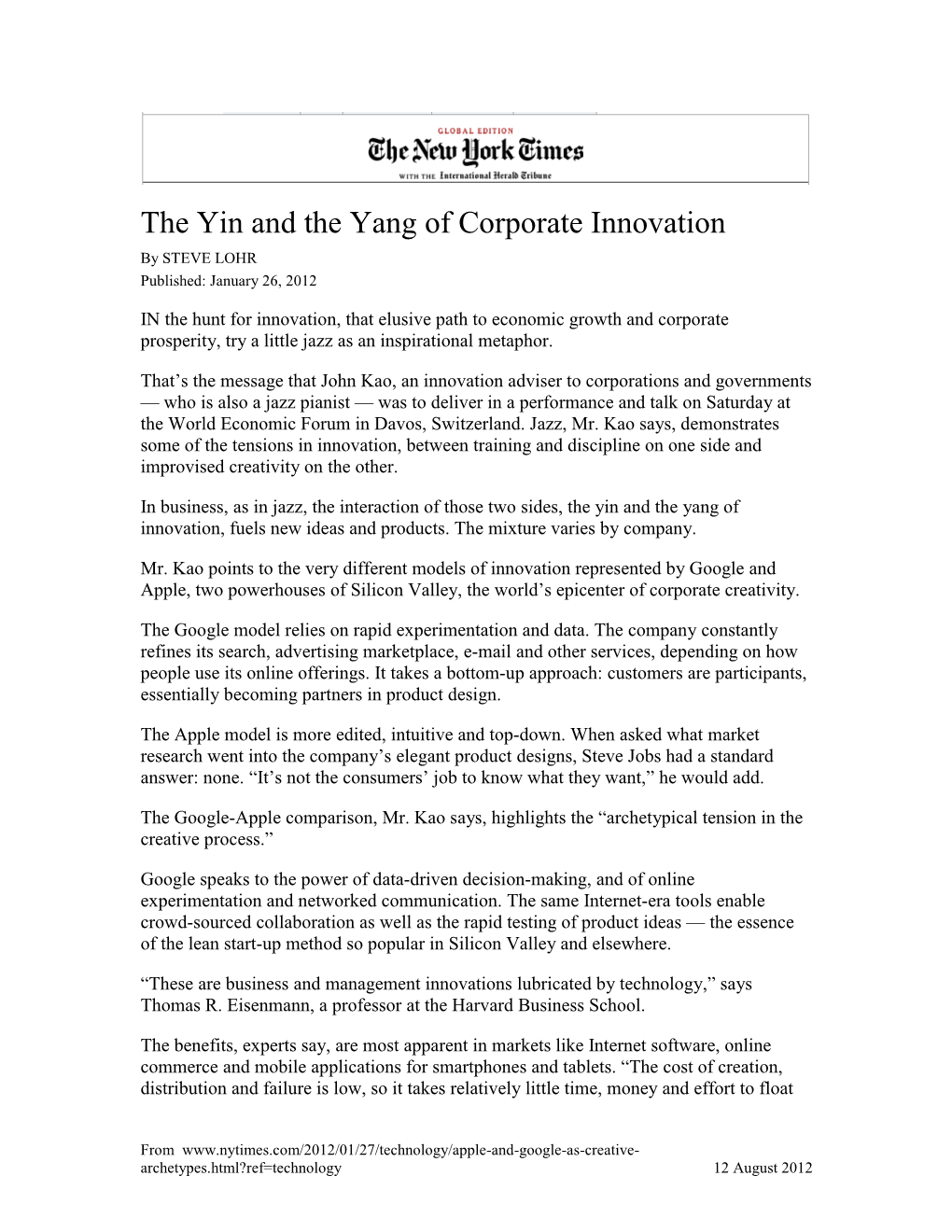 The Yin and the Yang of Corporate Innovation by STEVE LOHR Published: January 26, 2012