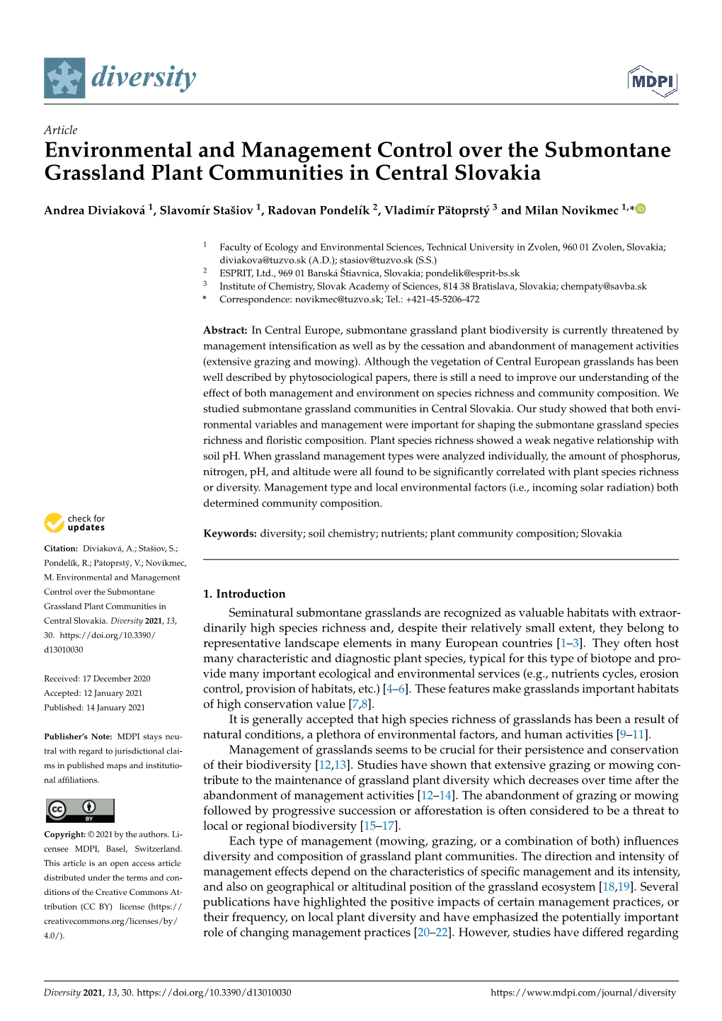 Environmental and Management Control Over the Submontane Grassland Plant Communities in Central Slovakia