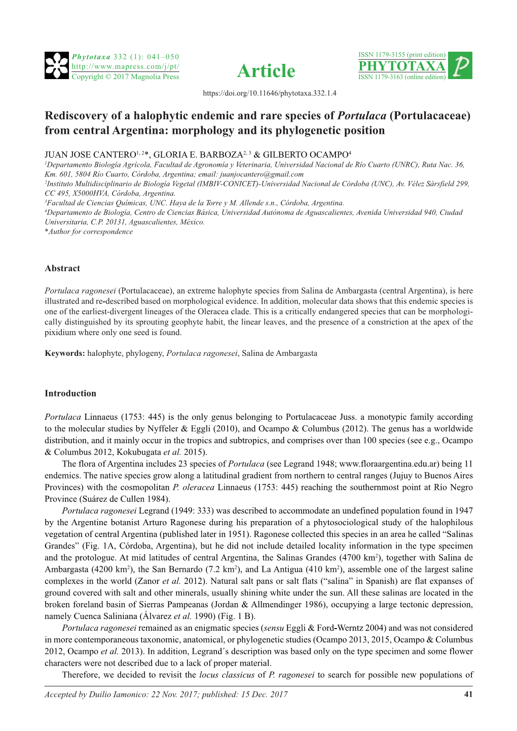 (Portulacaceae) from Central Argentina: Morphology and Its Phylogenetic Position