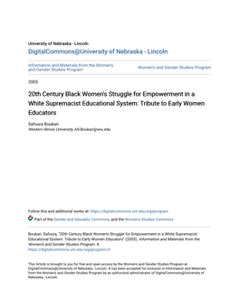 20Th Century Black Women's Struggle for Empowerment in a White Supremacist Educational System: Tribute to Early Women Educators