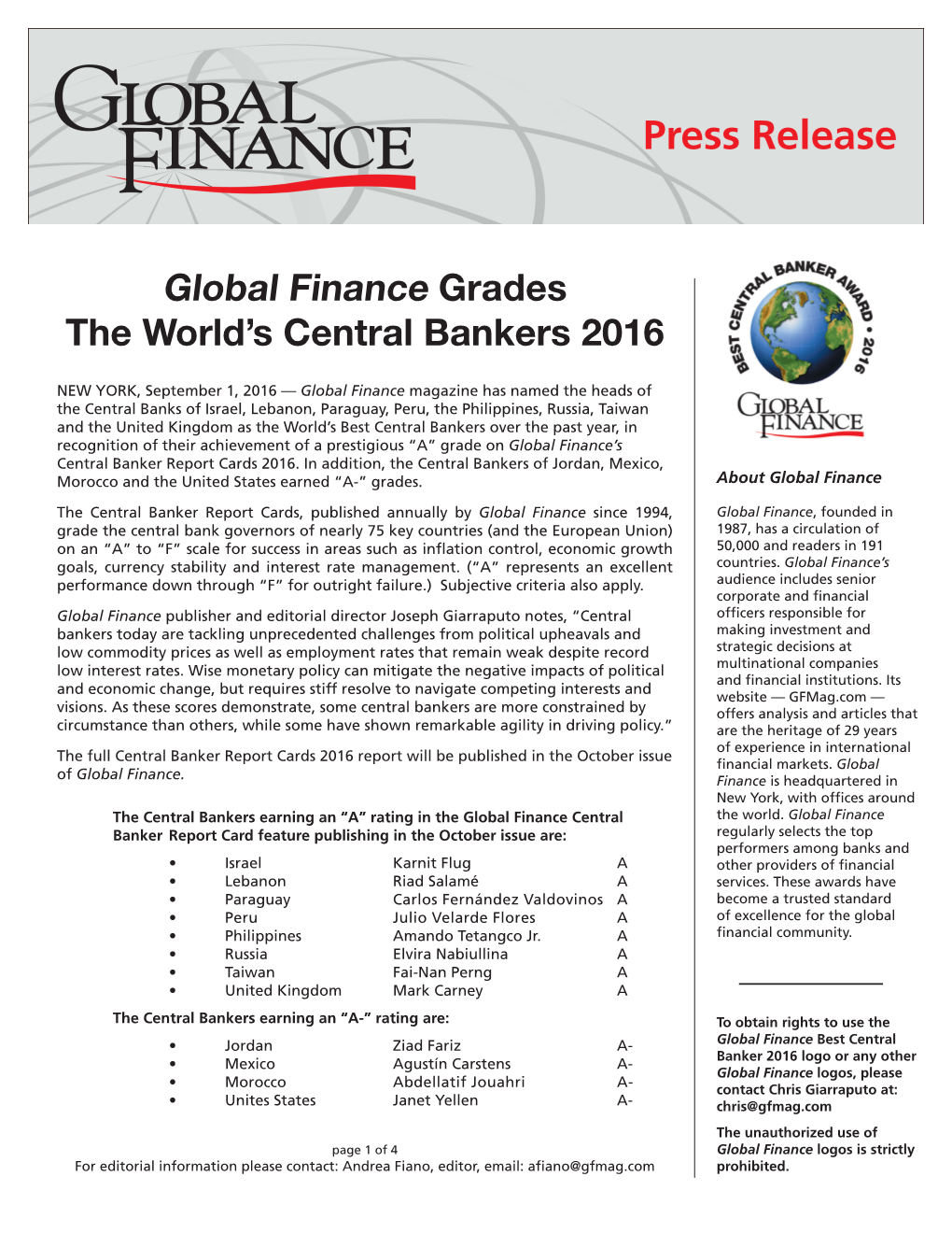 Global Finance Grades the World's Central Bankers 2016