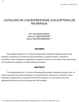 Catalogo De Los Buprestidae (Coleoptera) De Nicaragua