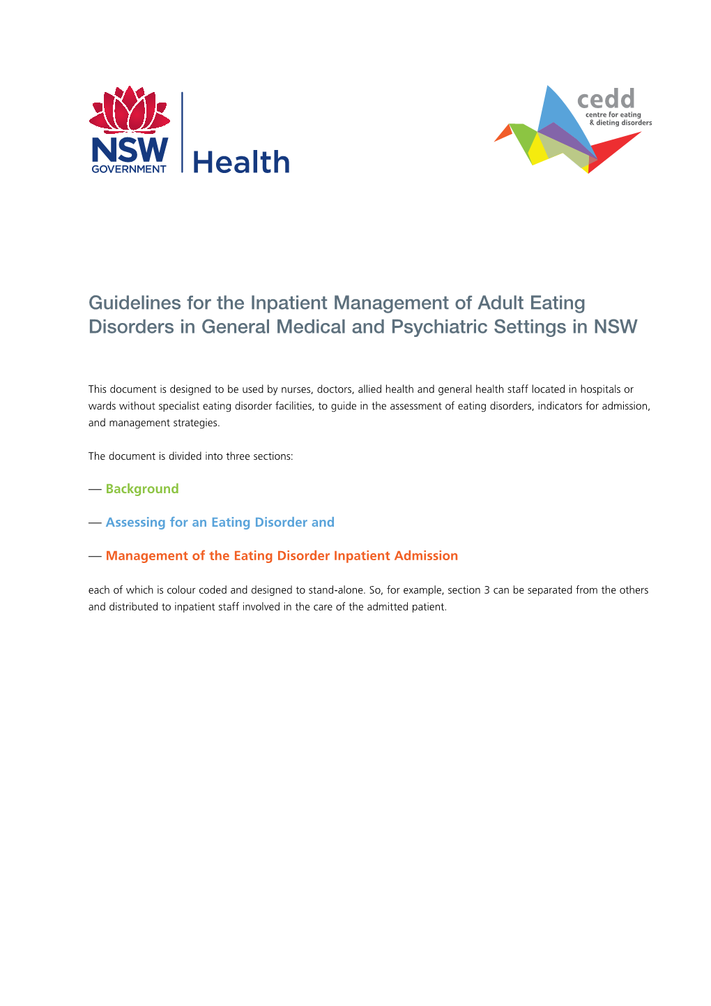 Guidelines for the Inpatient Management of Adult Eating Disorders in General Medical and Psychiatric Settings in NSW