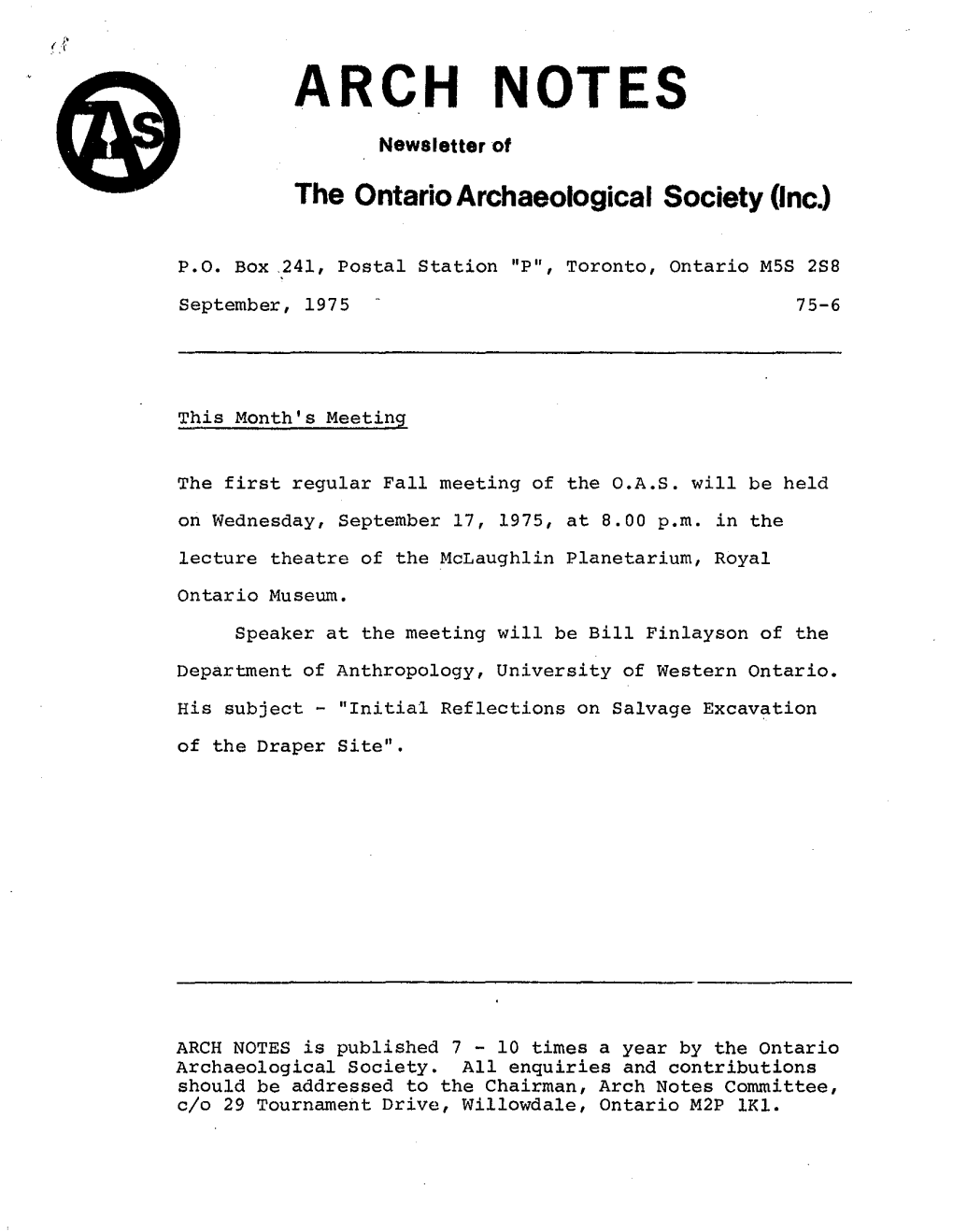 ARCH NOTES Newsletter of the Ontario Archaeological Society (Inc.)